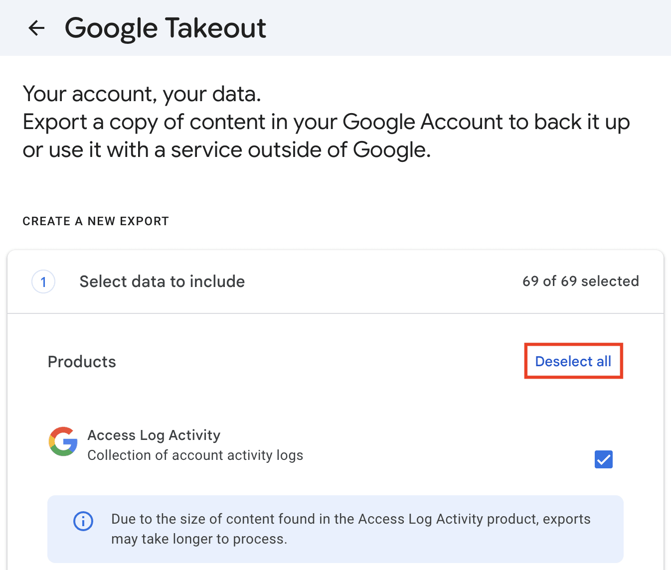 How to deselect all data in Google Takeout