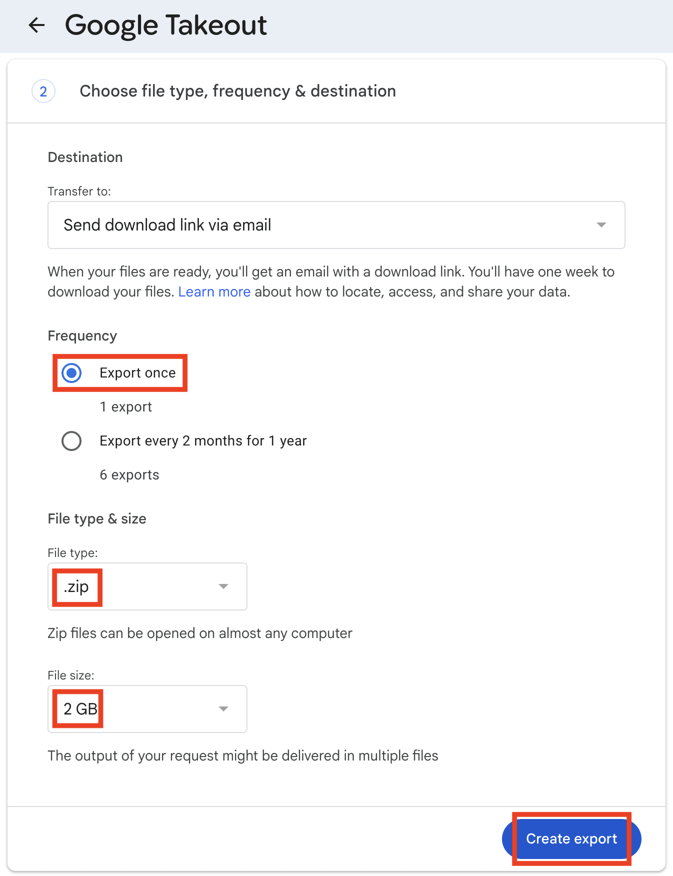 How to select the file type, frequency, and duration in Google Takeout