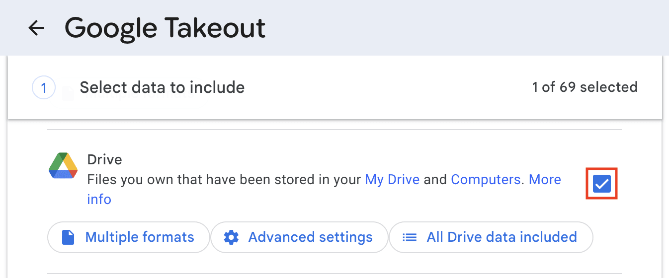 How to select only Google Drive in Google Takeout