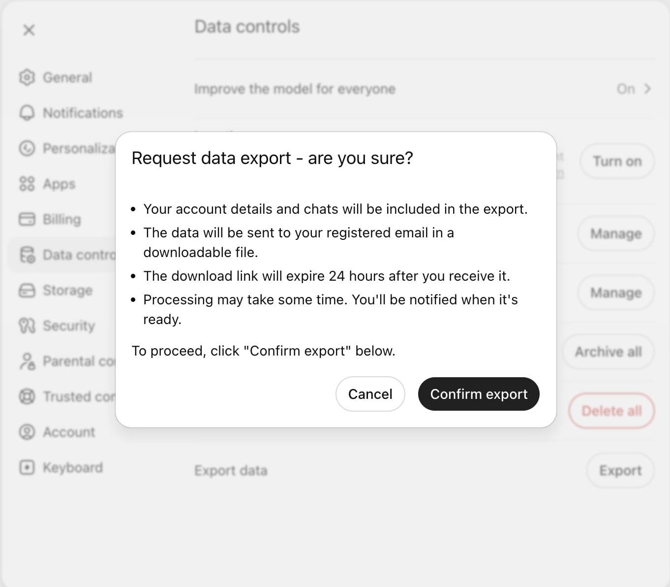 ChatGPT data export screen