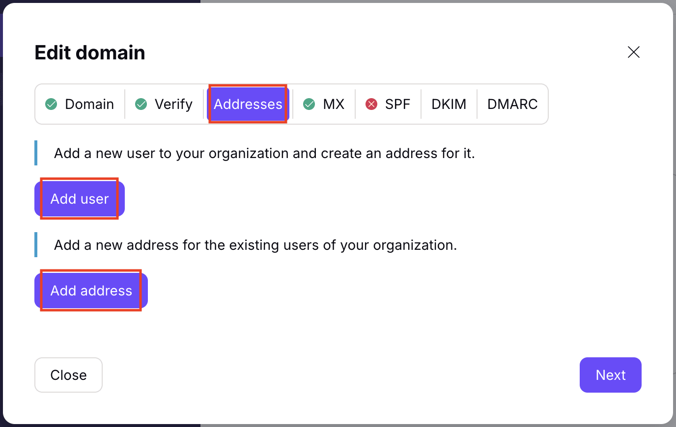 How to add users and address when creating a custom domain in Proton Mail