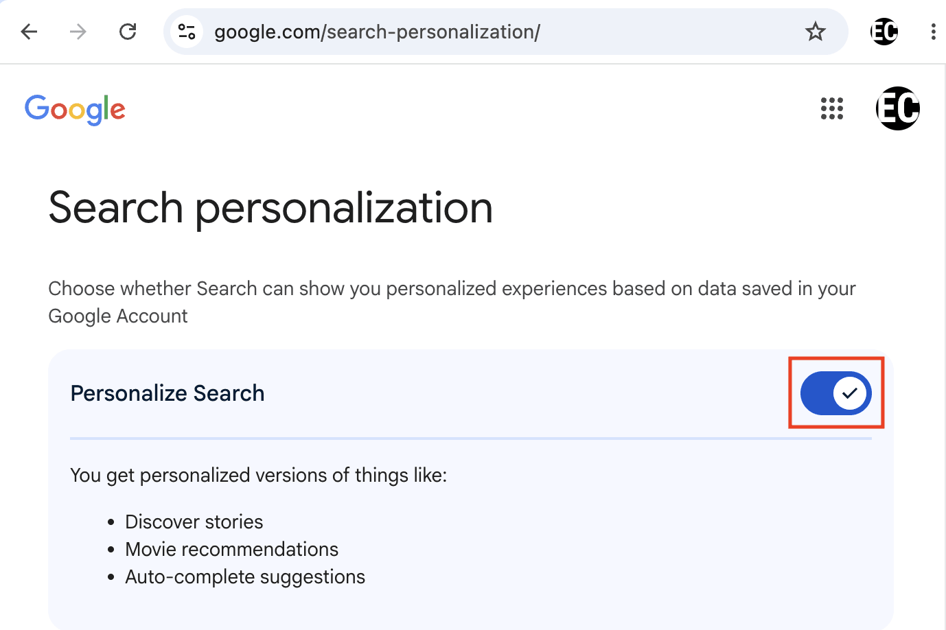 Google Account settings show to turn off Personalize Search