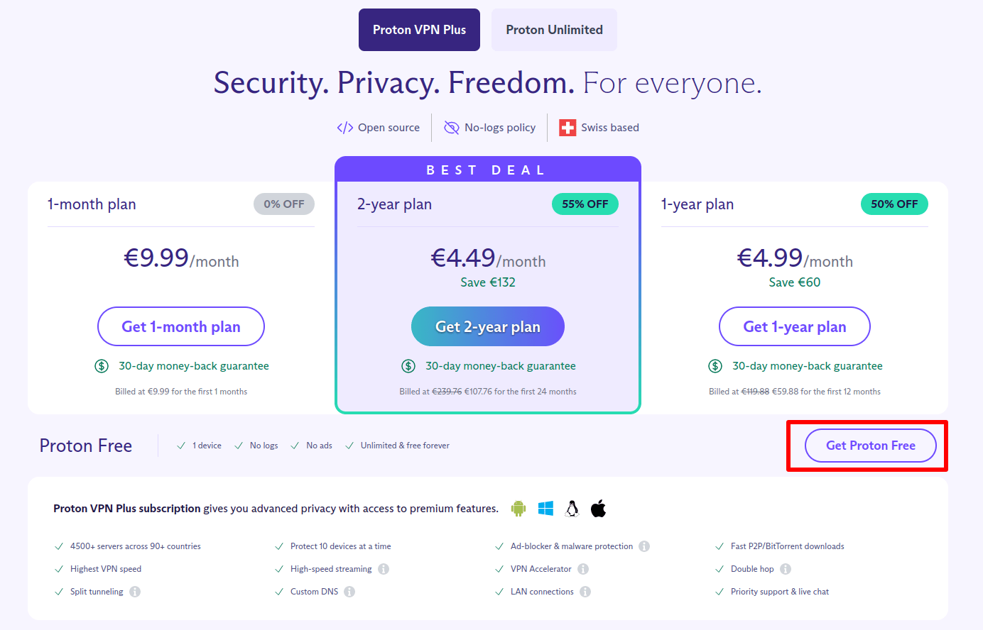 Get Proton Free from the regular sign up page