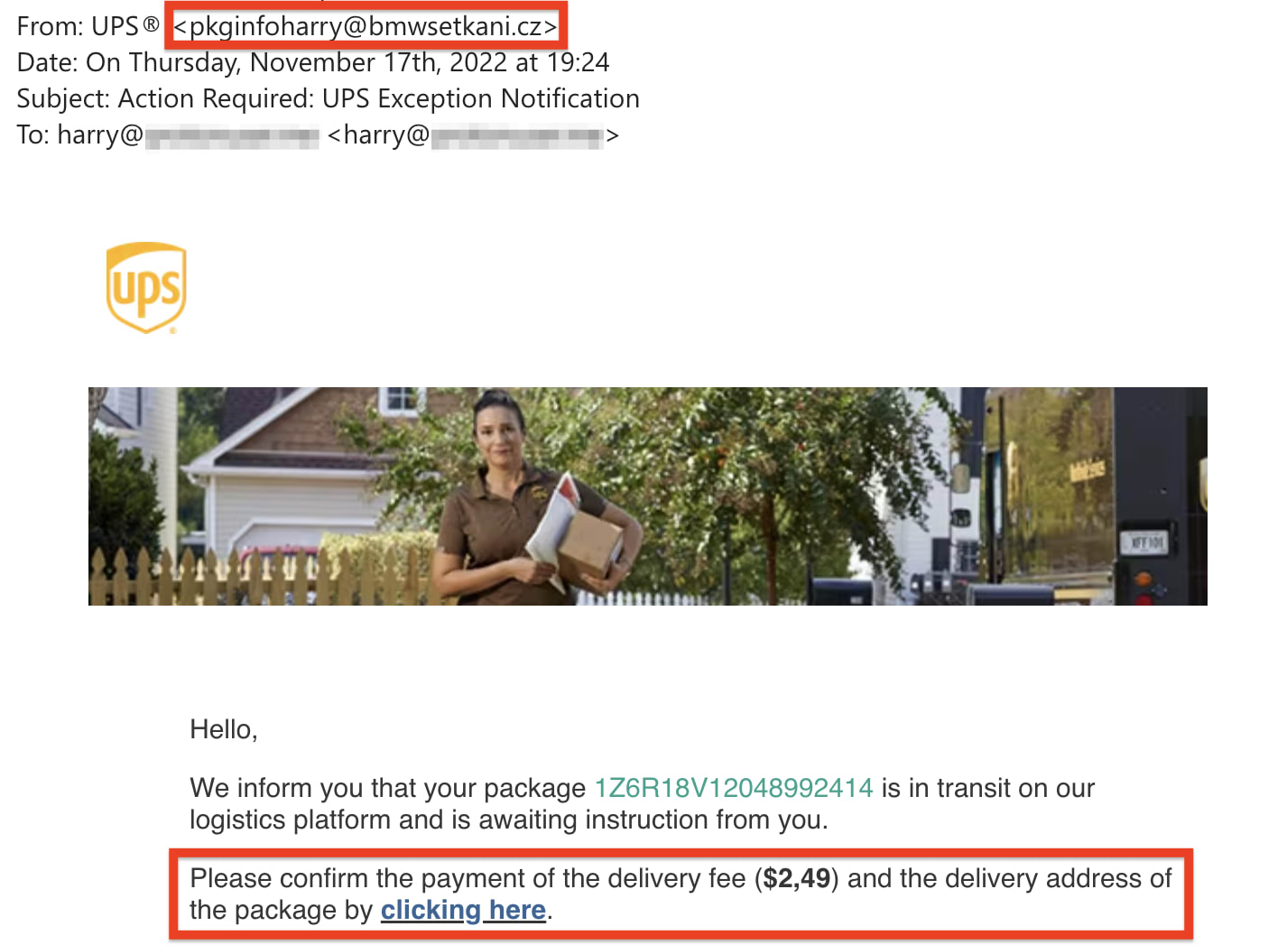 Phishing email example pretending to be from UPS