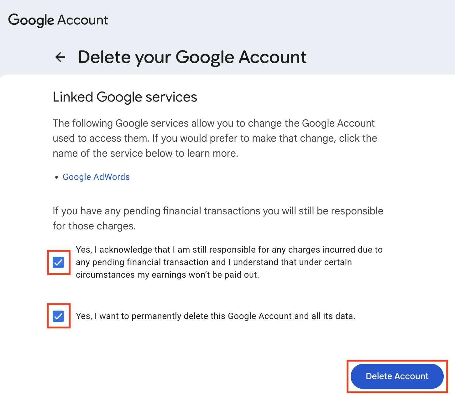 Google Account settings on web asking for confirmation to delete your Google Account