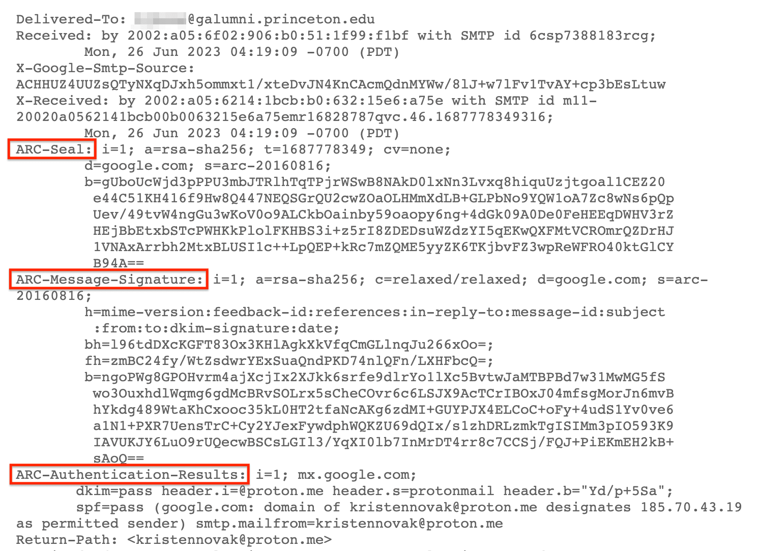 Example of the three ARC headers: ARC-Seal, ARC-Message-Signature, and ARC-Authentication-Results