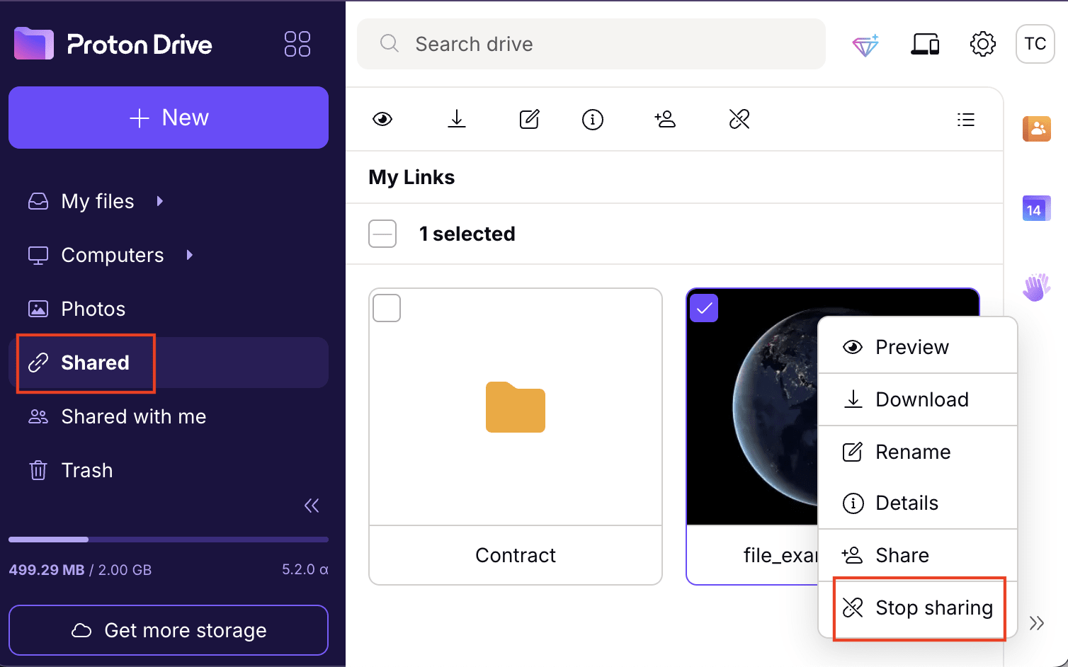 The Proton Drive web app shows how to stop sharing a video