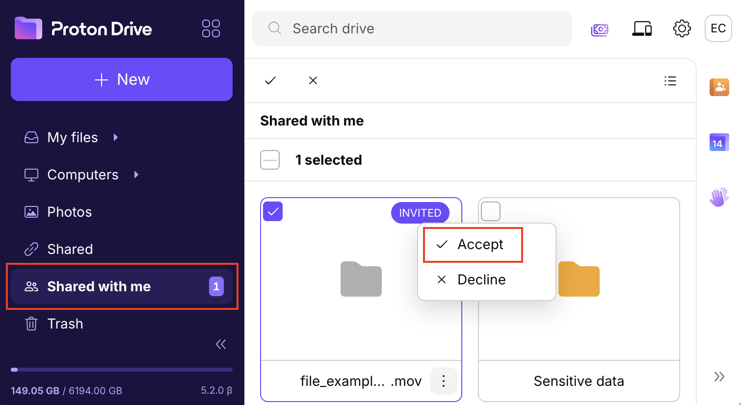 The Proton Drive web app shows how to accept an item shared with you