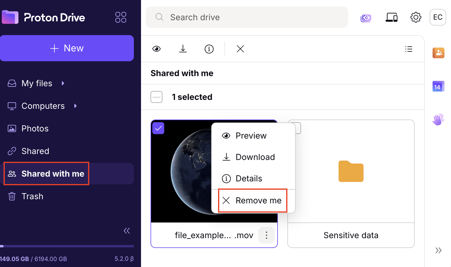The Proton Drive web app shows how to remove files from the Shared with me tab