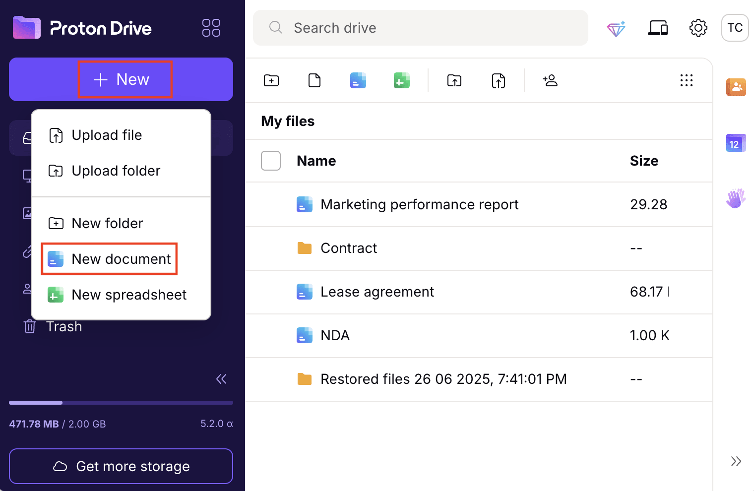How to create a new Proton Docs document in Proton Drive