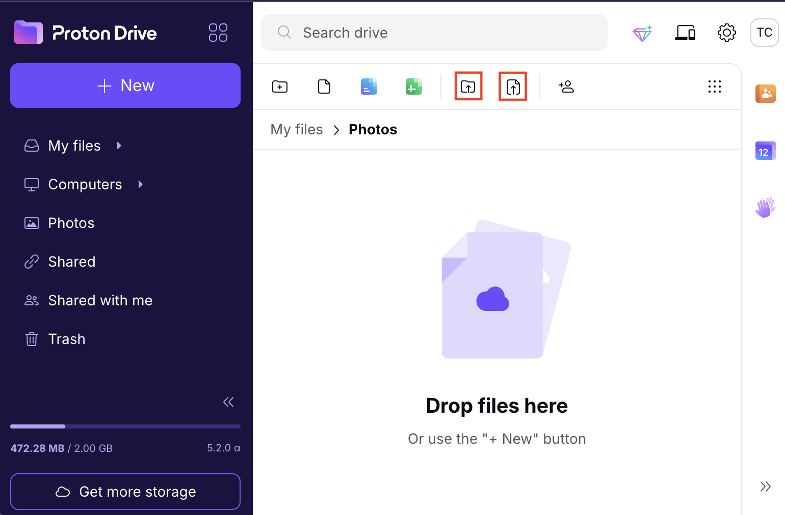 The Proton Drive web app highlights the buttons for uploading files and folders