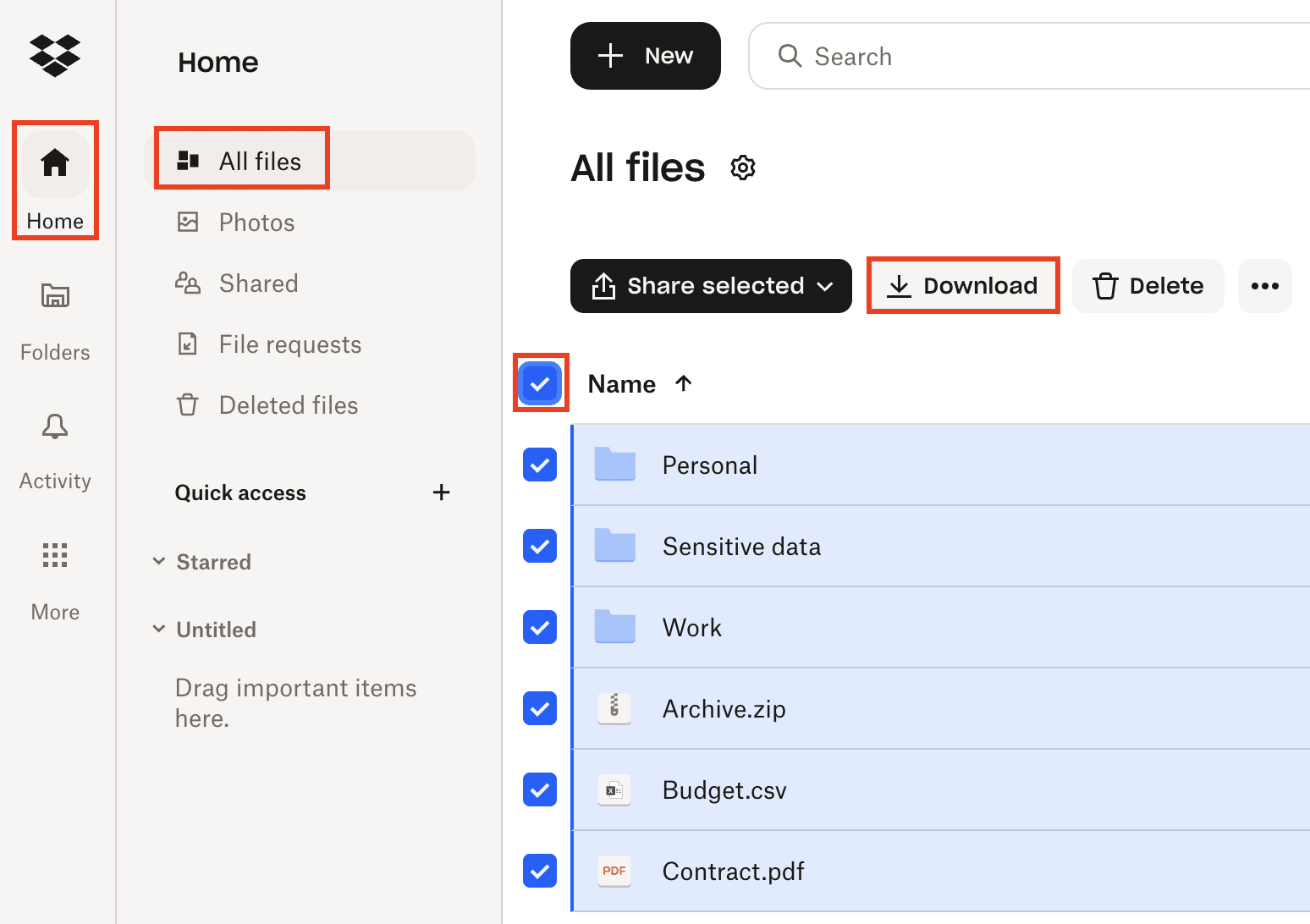How to select and download all files from Dropbox