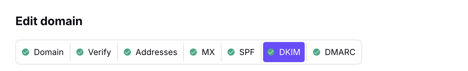 Proton Mail shows all green checkmarks for each part of custom domain setup