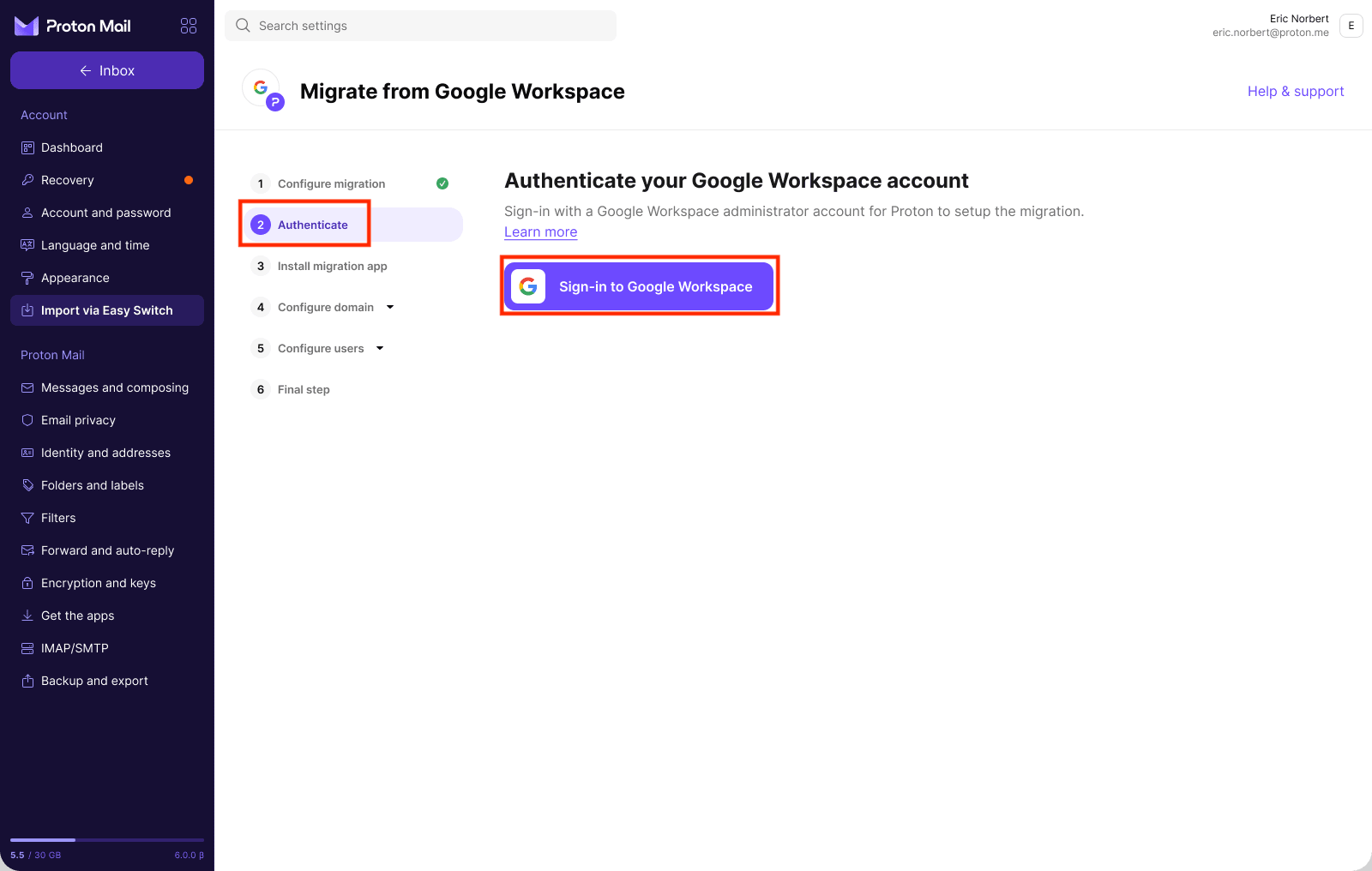 The Proton Mail web app shows Google Workspace authentication settings for Easy Switch for Business