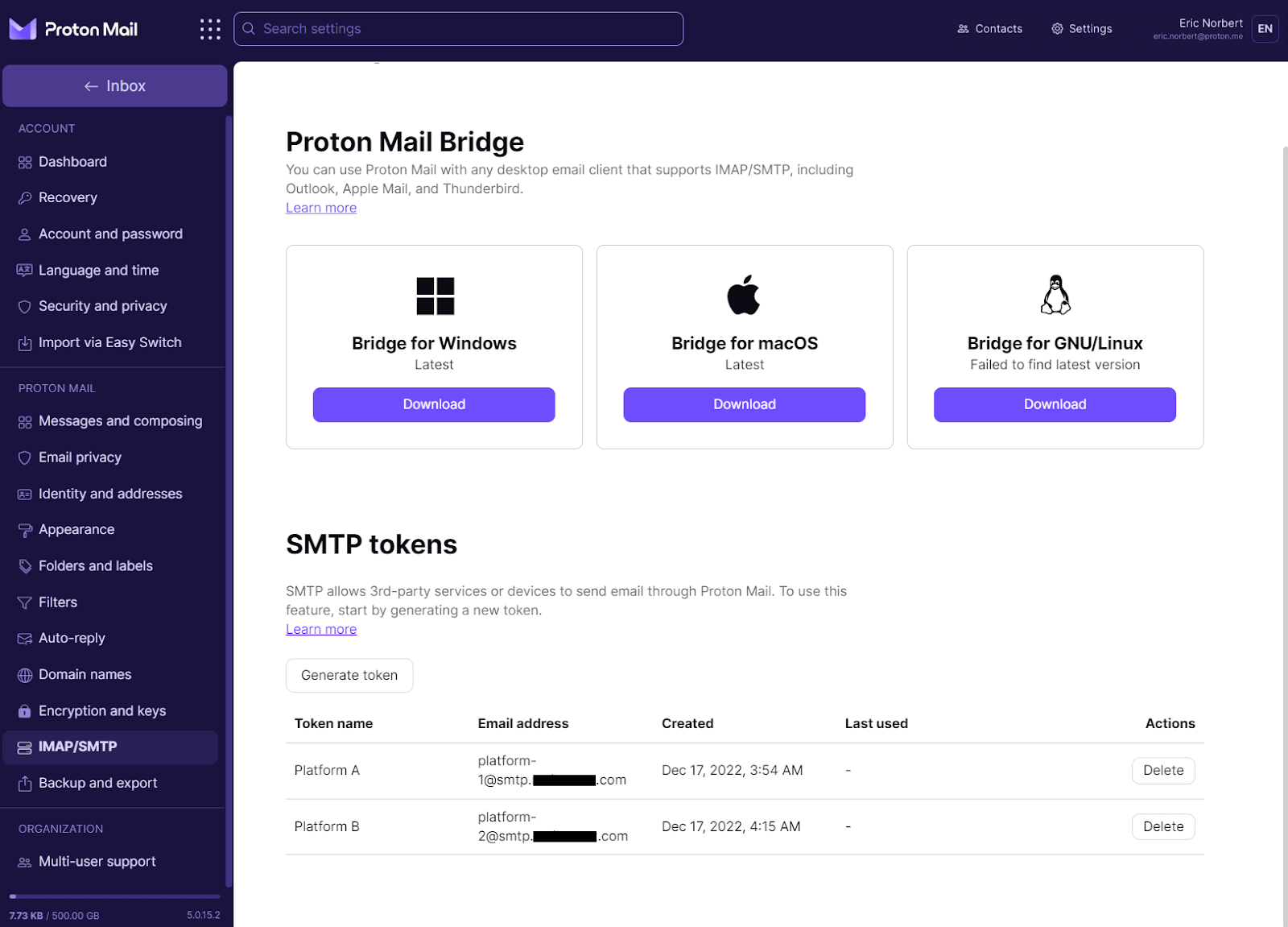Settings page showing your SMTP tokens