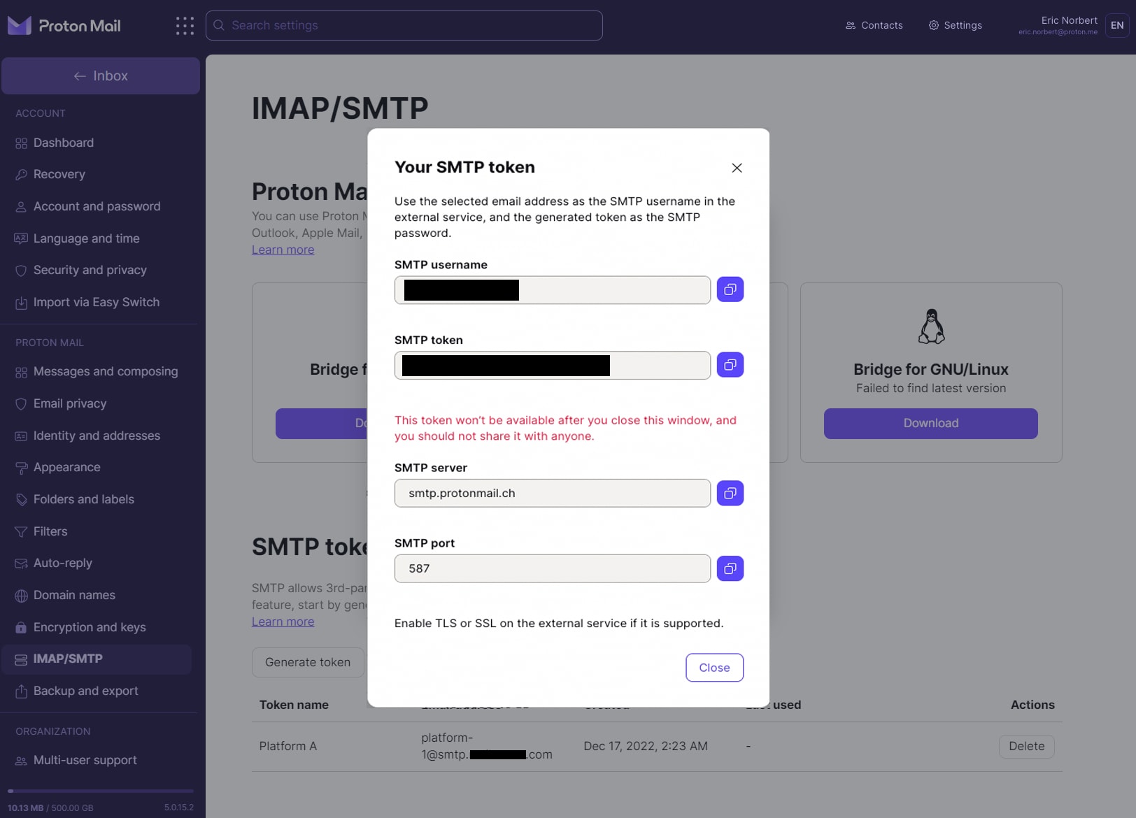 Popup showing your SMTP username and SMTP token