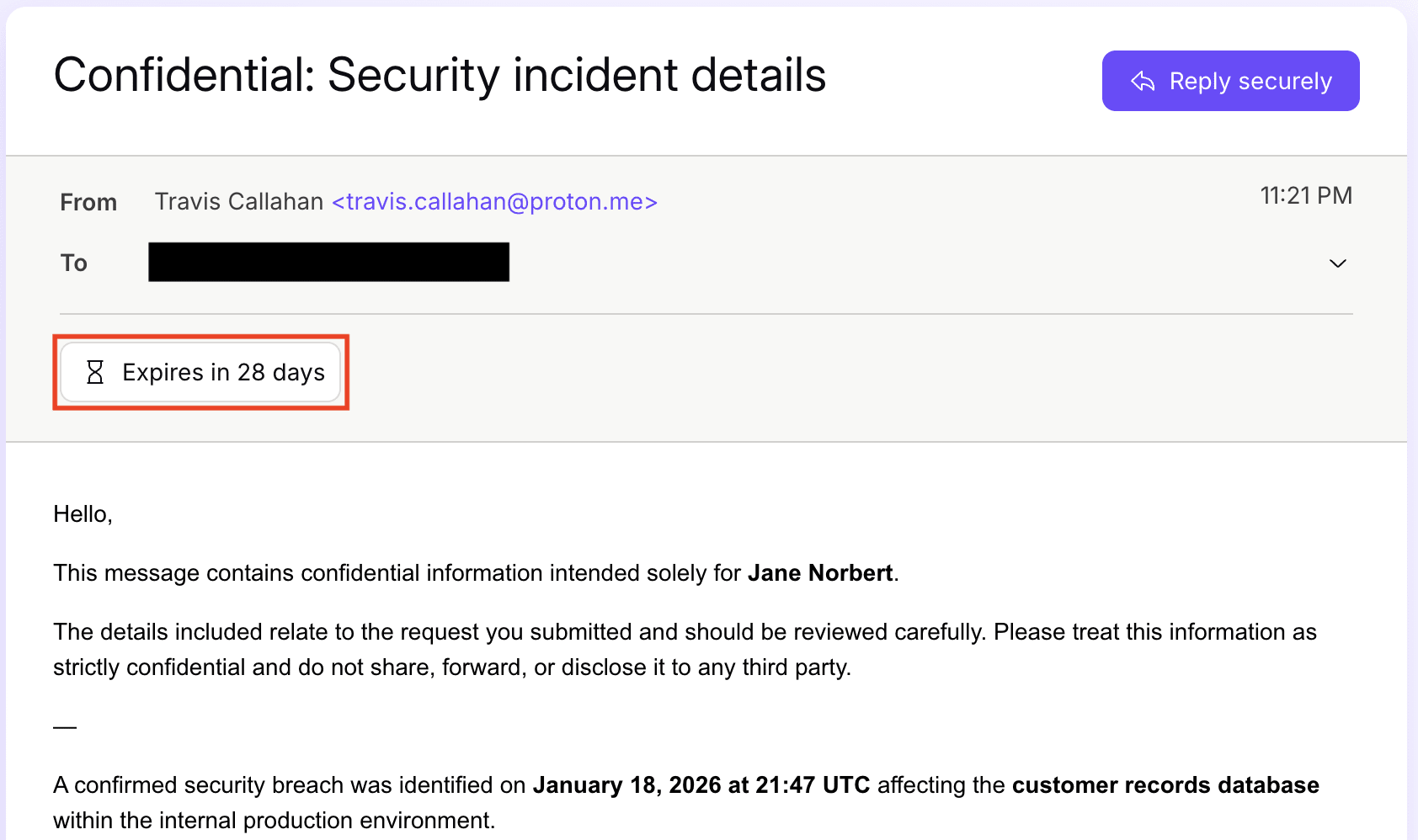 Proton Mail shows when the password-protected email will expire
