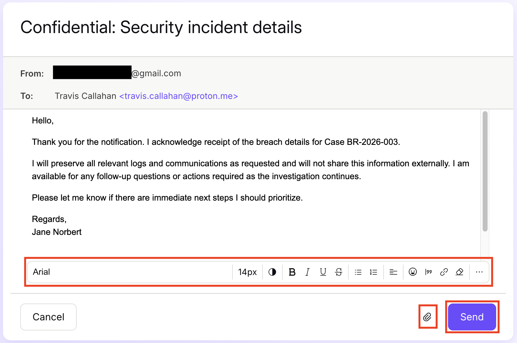 How to format text and attach files when replying to a password-protected email received from a Proton Mail address
