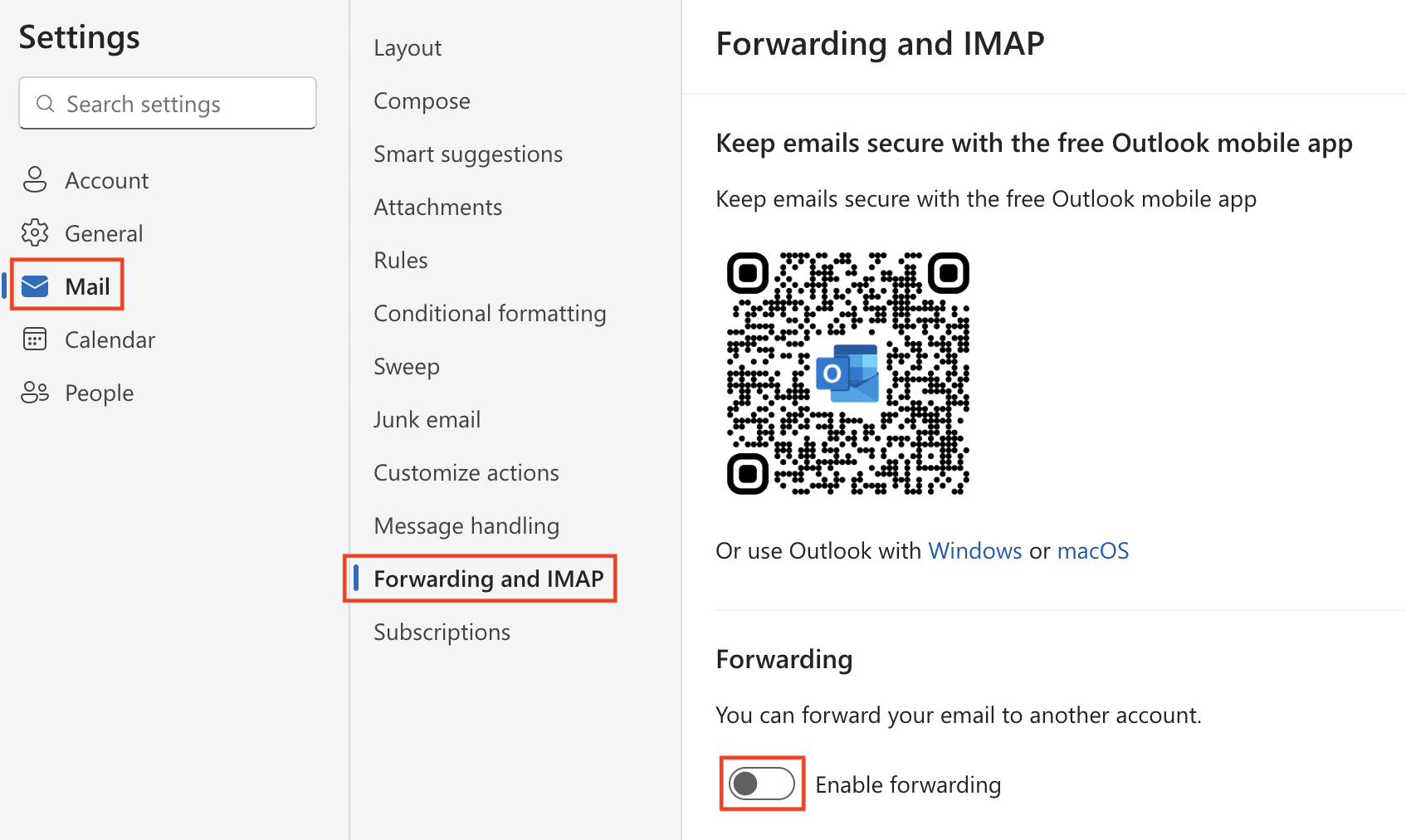 Outlook forwarding settings