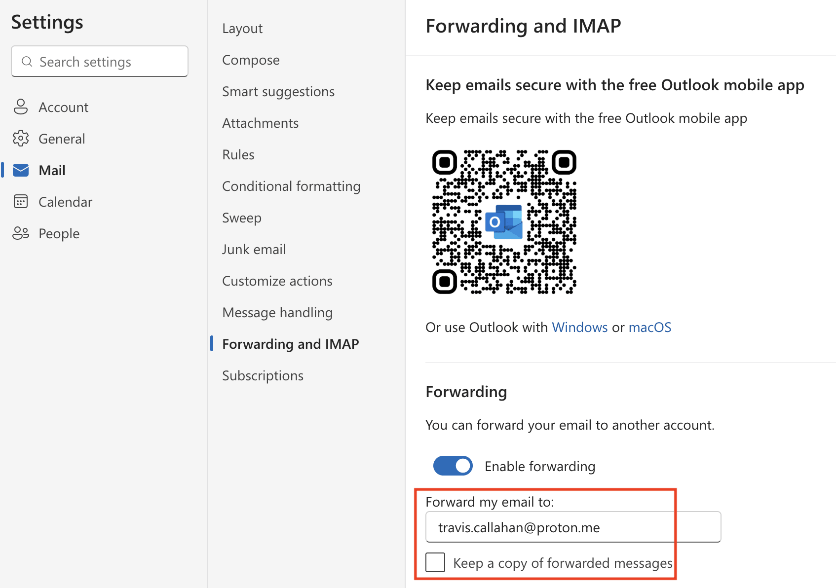 Outlook forwarding settings
