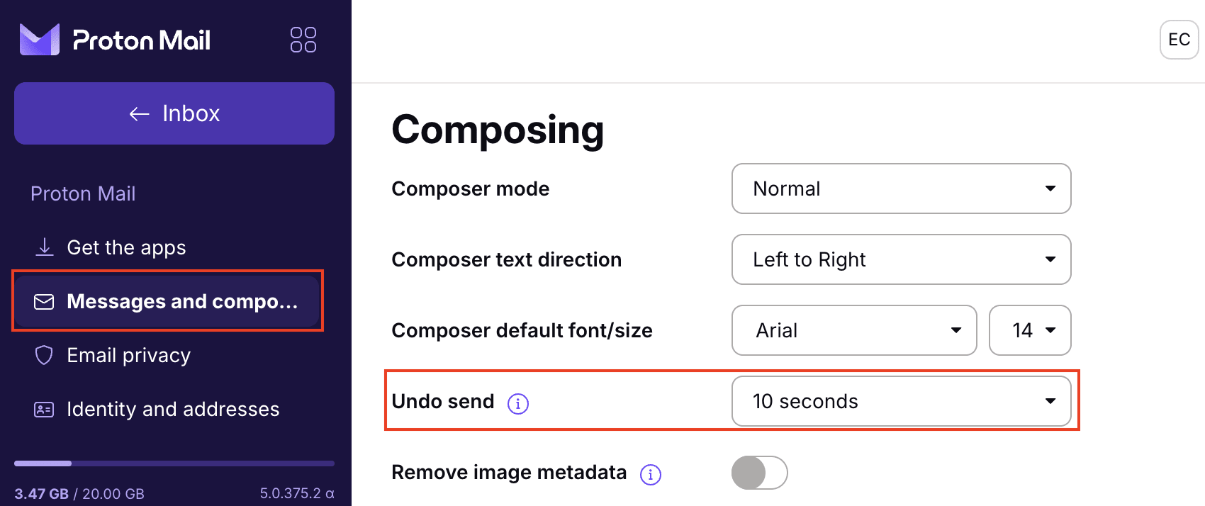 Proton Mail shows undo send settings