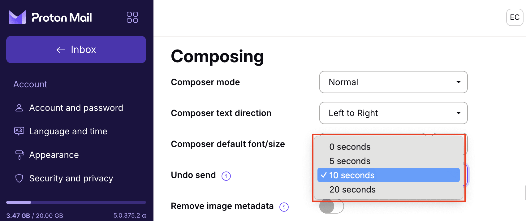 Proton Mail shows undo send time settings