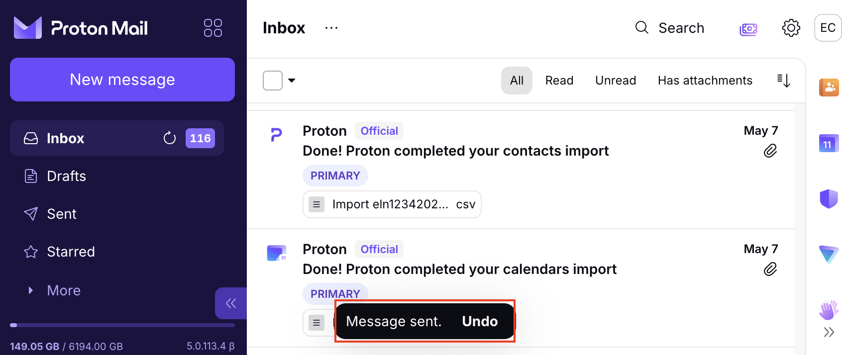 Proton Mail shows the "Message sent. Undo" message