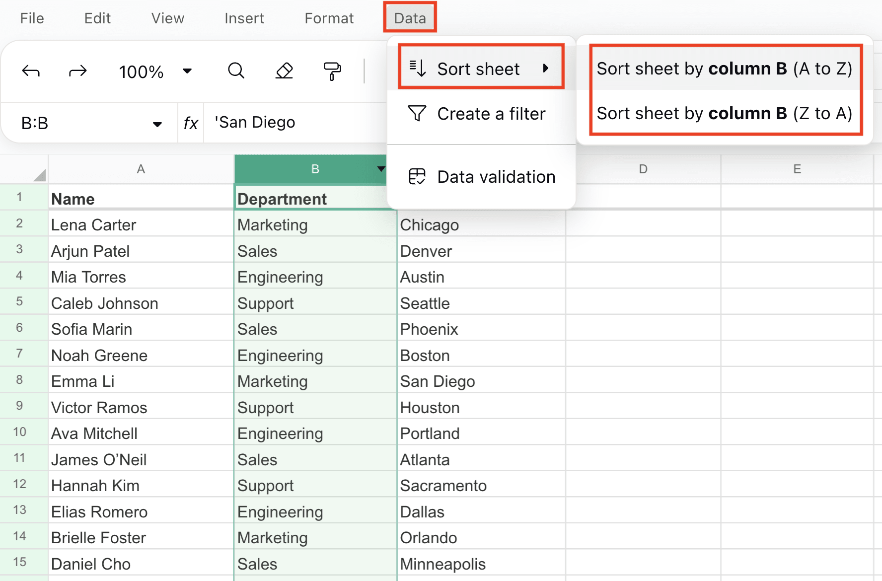 How to sort ranges in Proton Sheets
