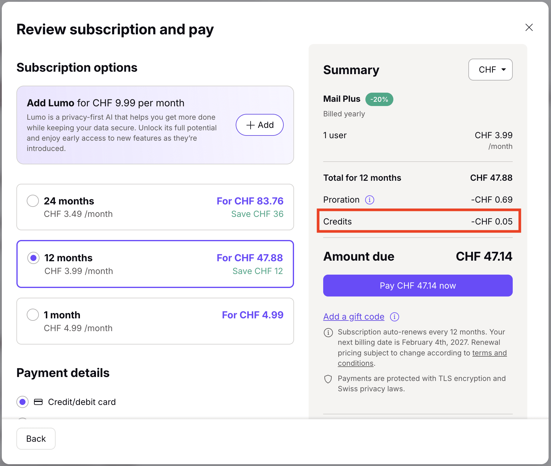 How to check your available credits in your Proton Account at checkout