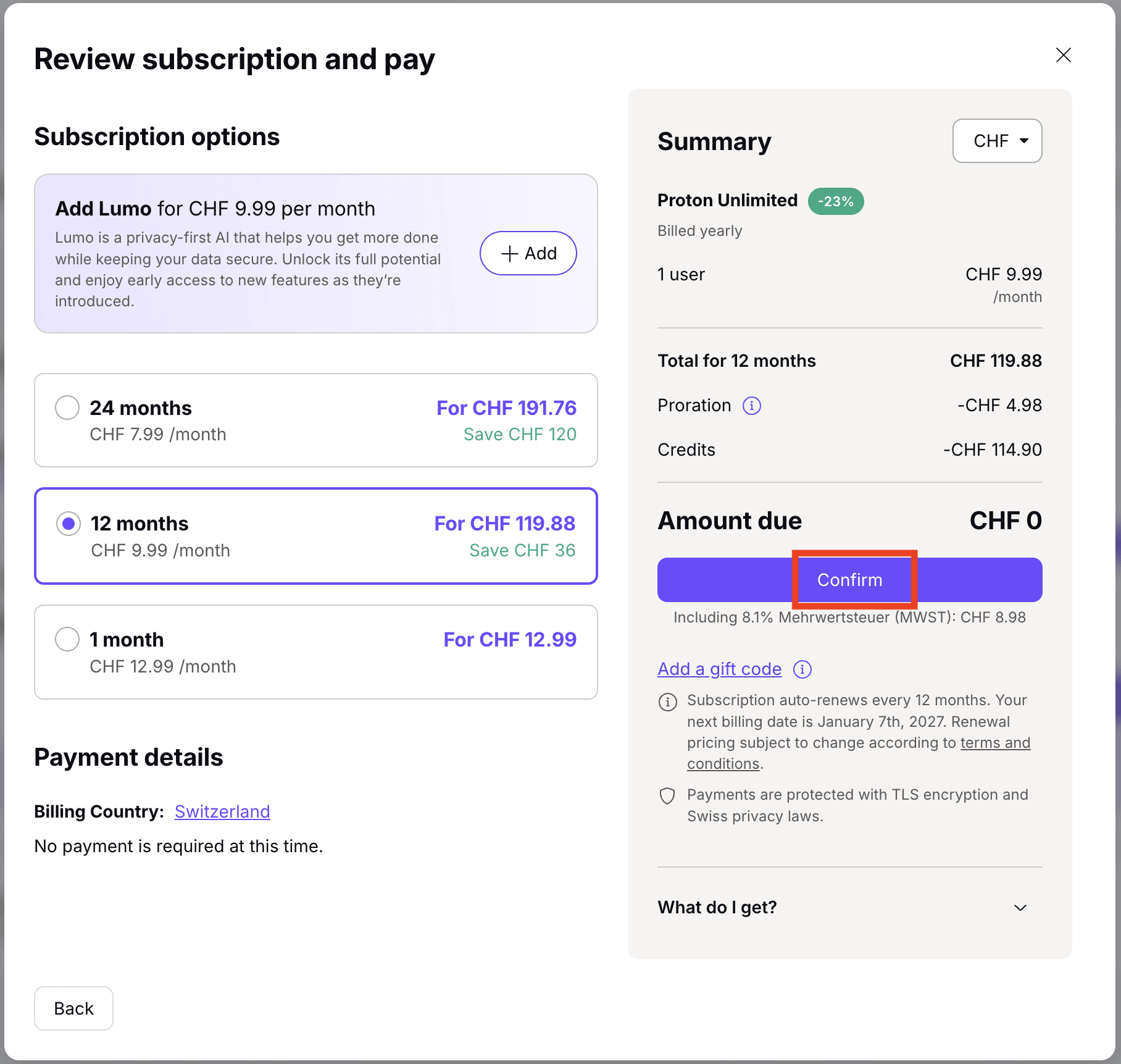 Confirm a selected Proton plan