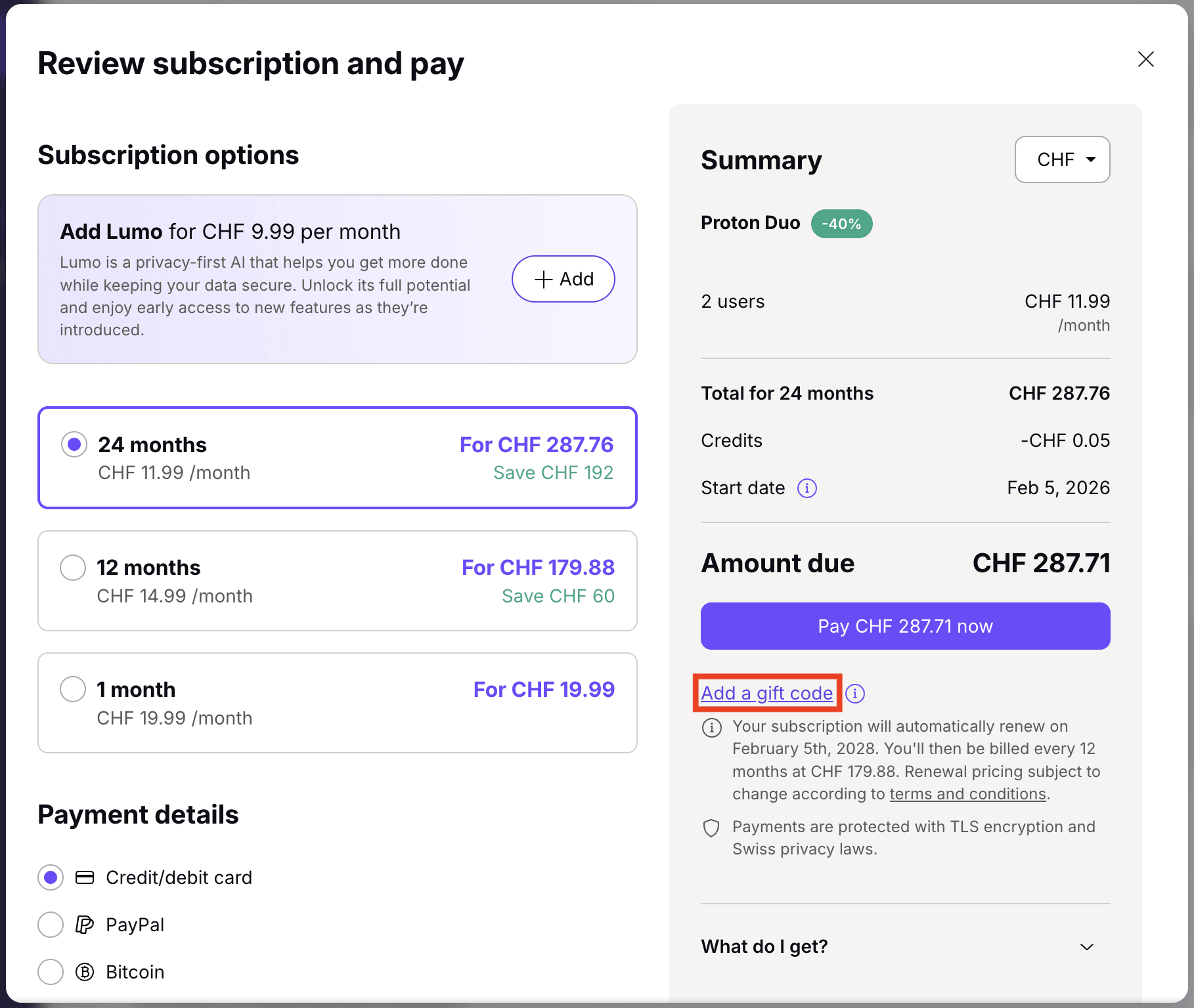 How to add a gift account to your Proton Account at checkout