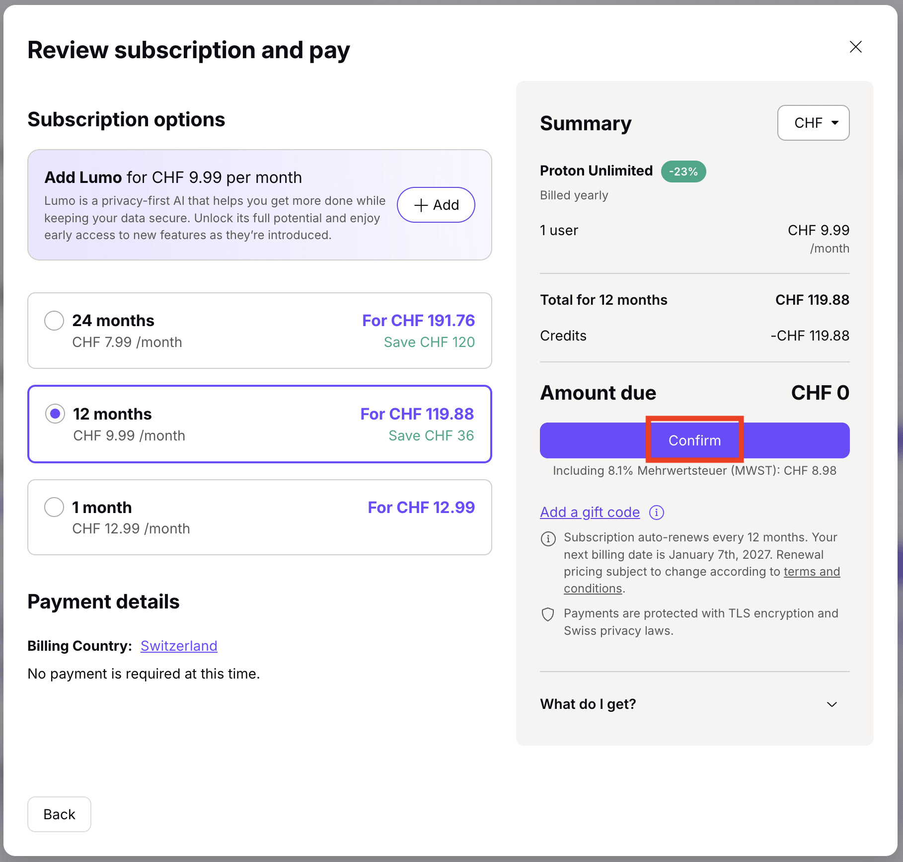 Confirm a selected Proton plan