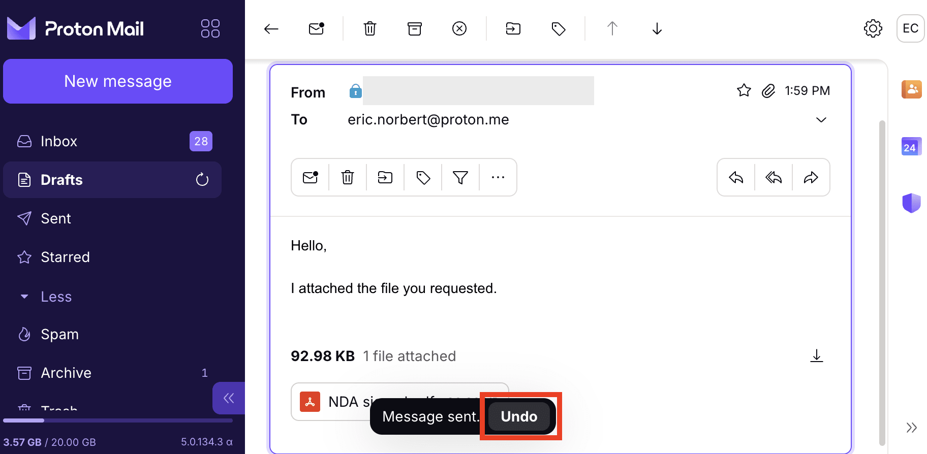 Proton Mail Undo send button