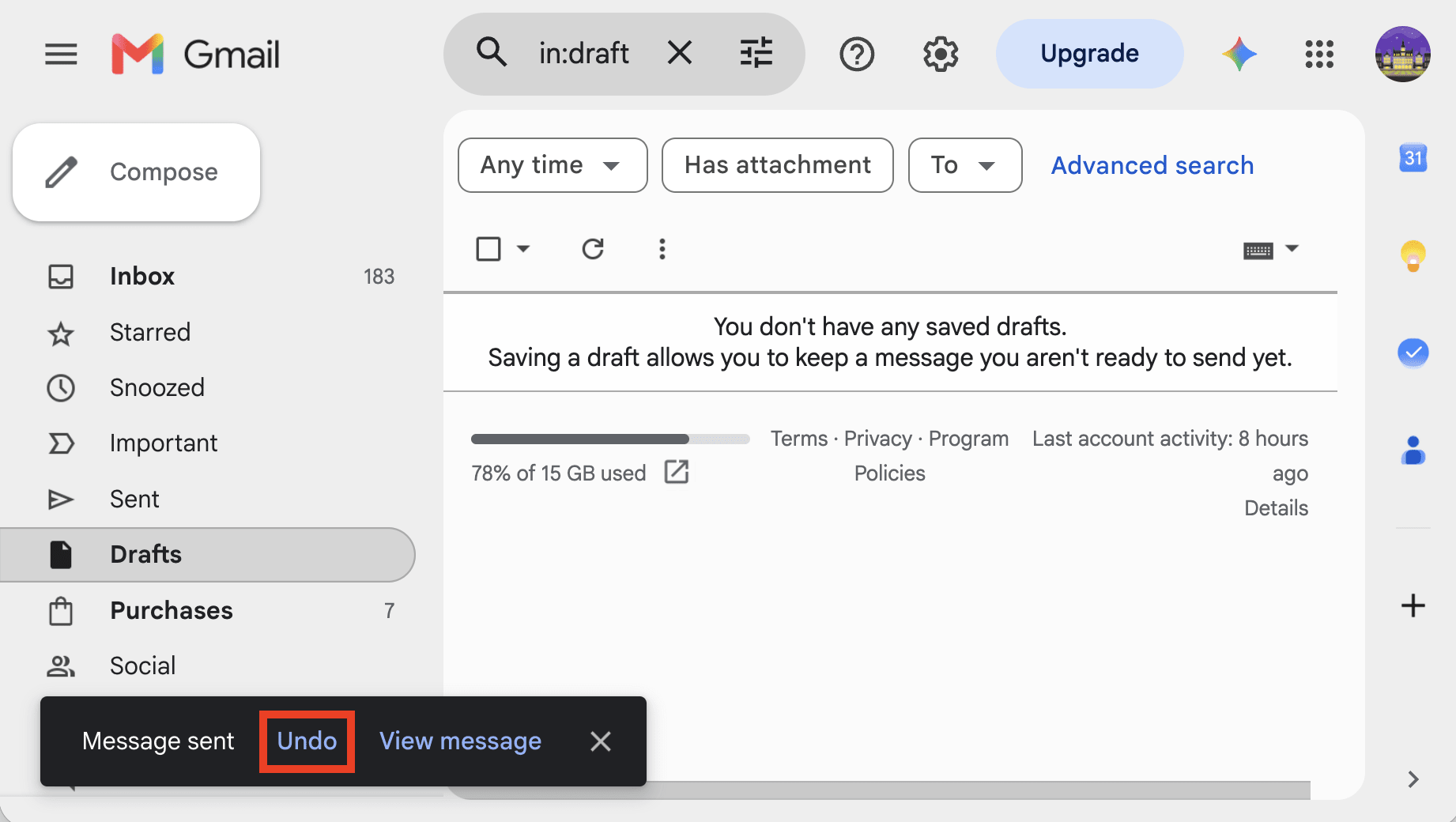 Gmail shows the "Undo" button after sending an email