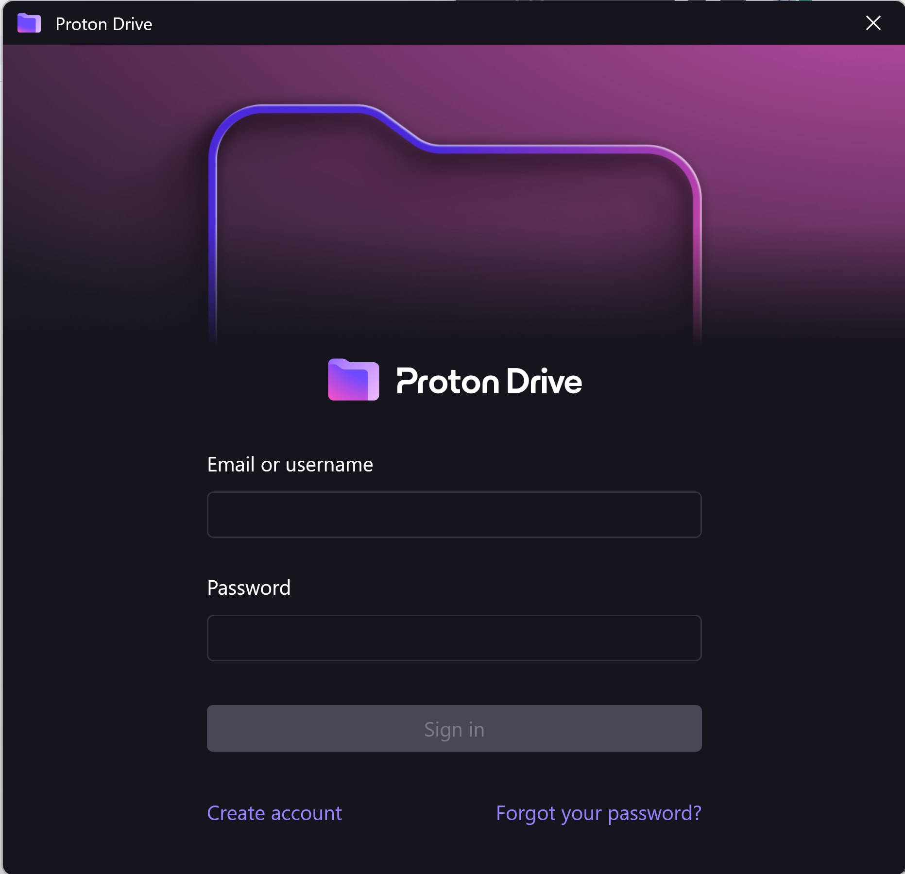 The Proton Drive login screen