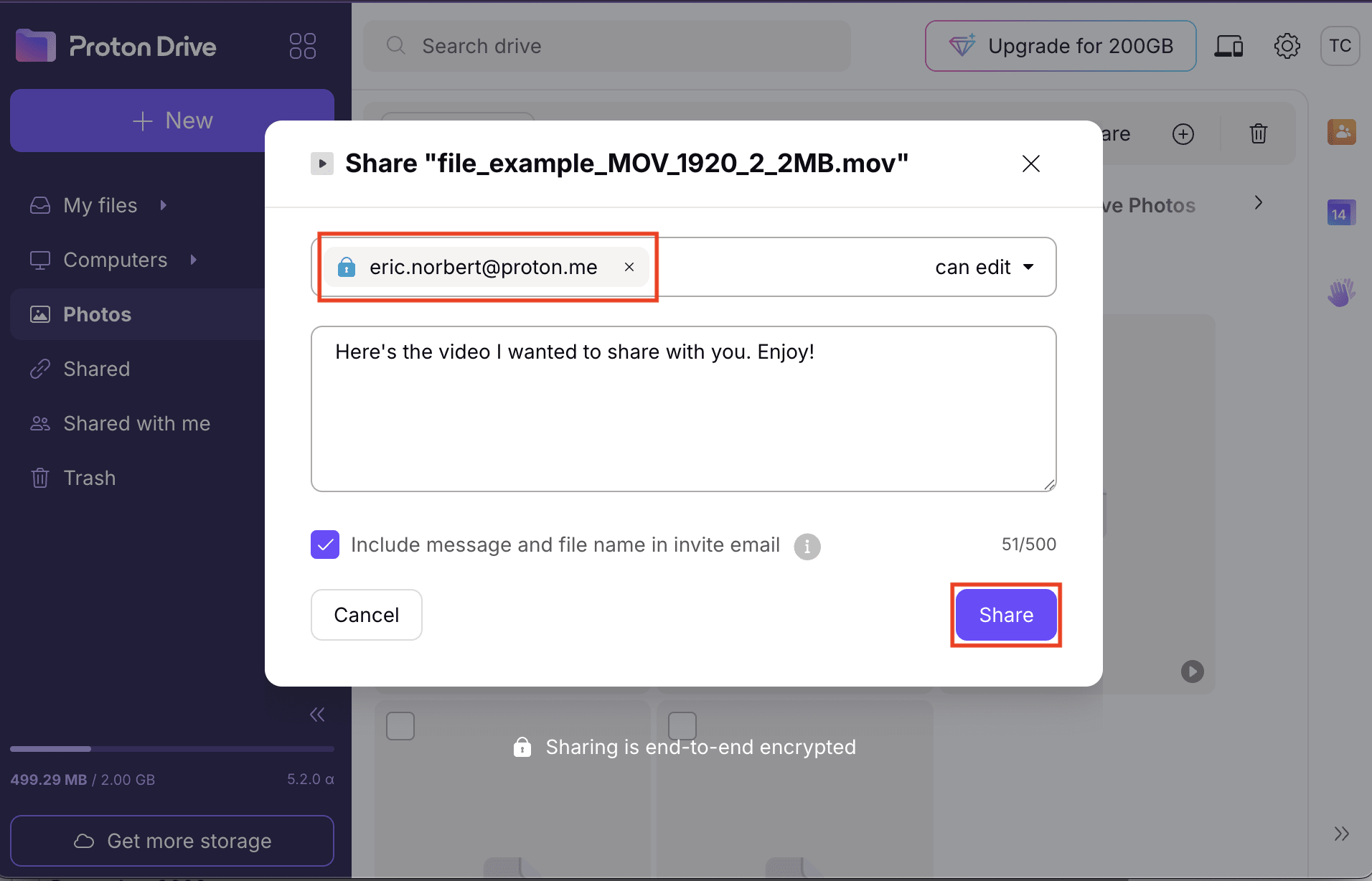 The Proton Drive web app shows sharing options