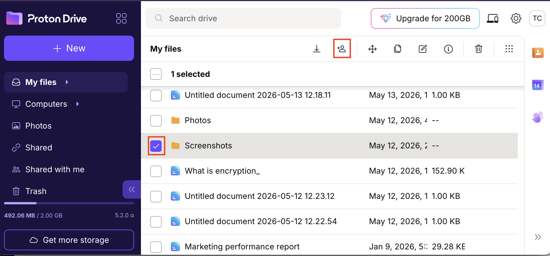 The Proton Drive web app shows how to share a large folder