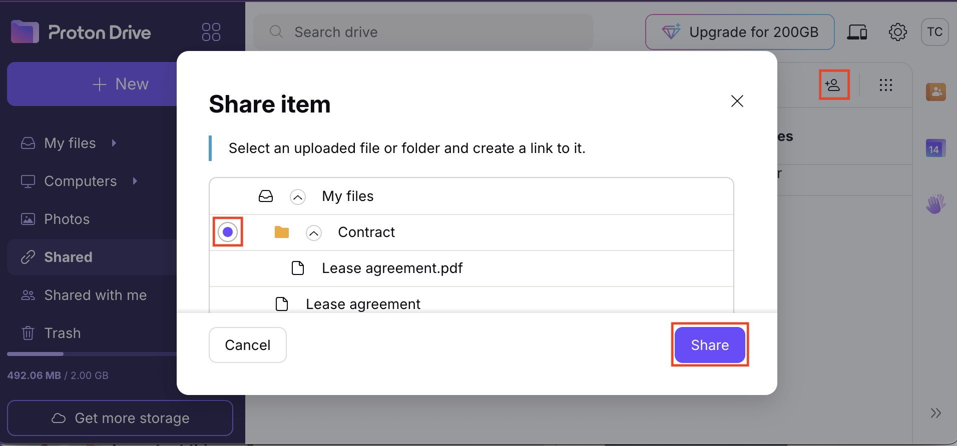 The Proton Drive web app shows how to share a large folder