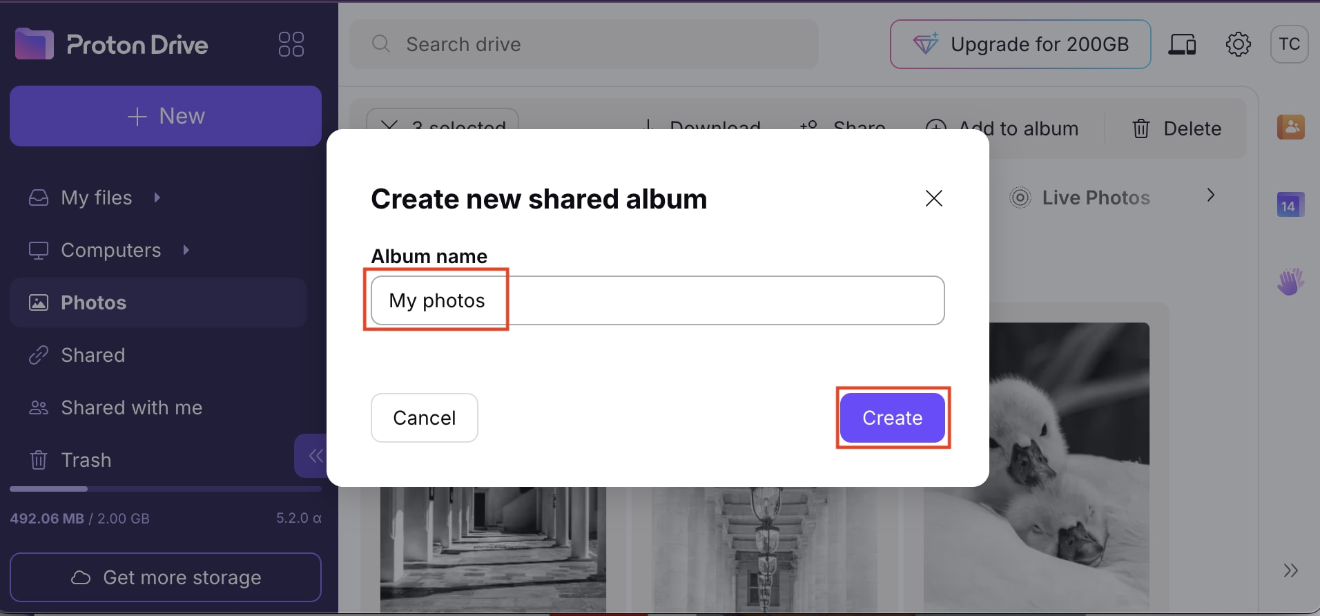The Proton Drive web app shows how to create a new shared album