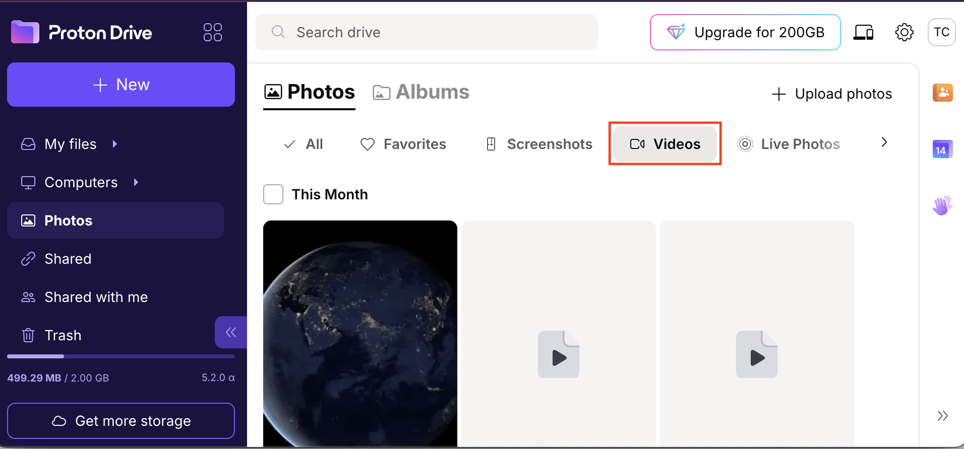 The Proton Drive web app shows the Videos filter