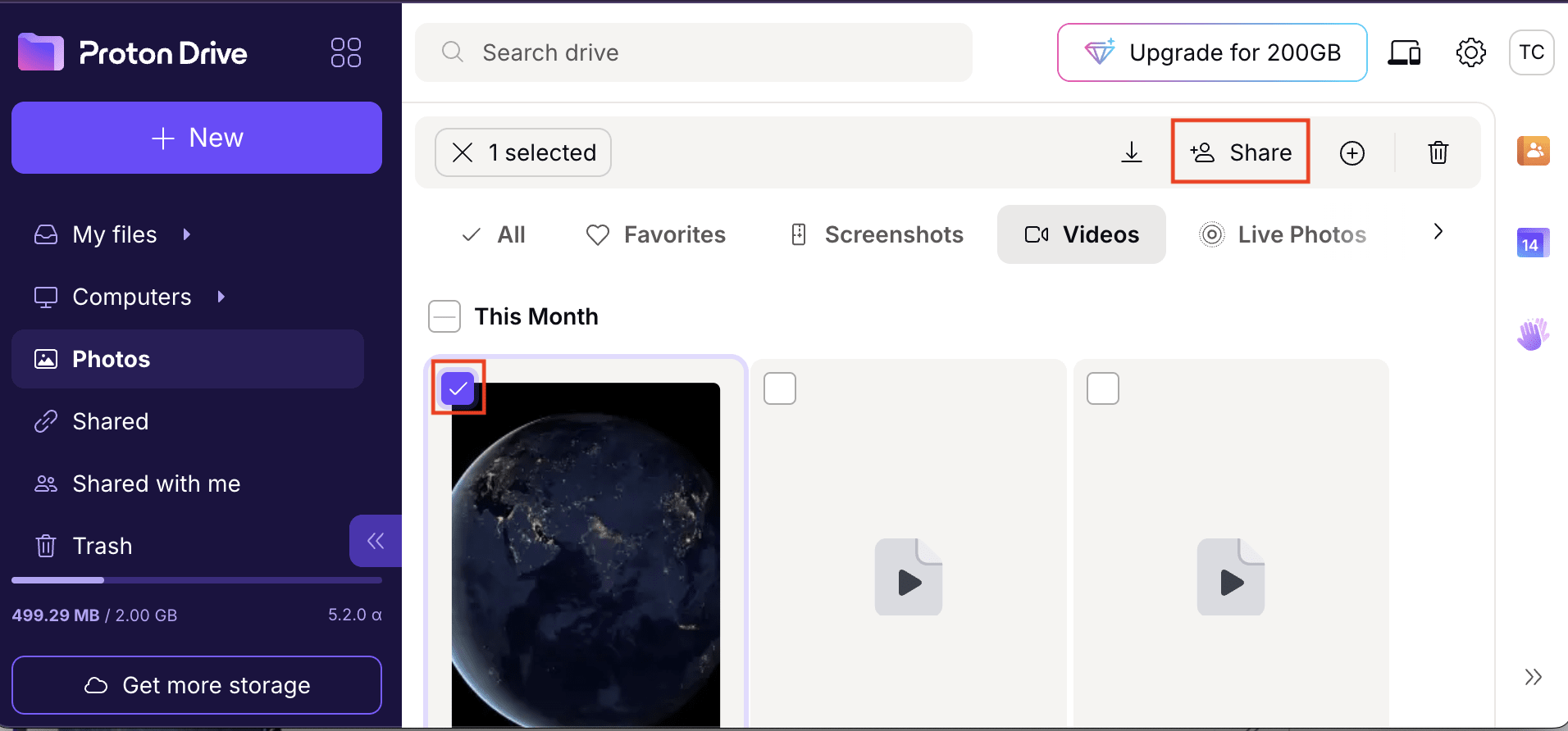 The Proton Drive web app shows how to share a large video