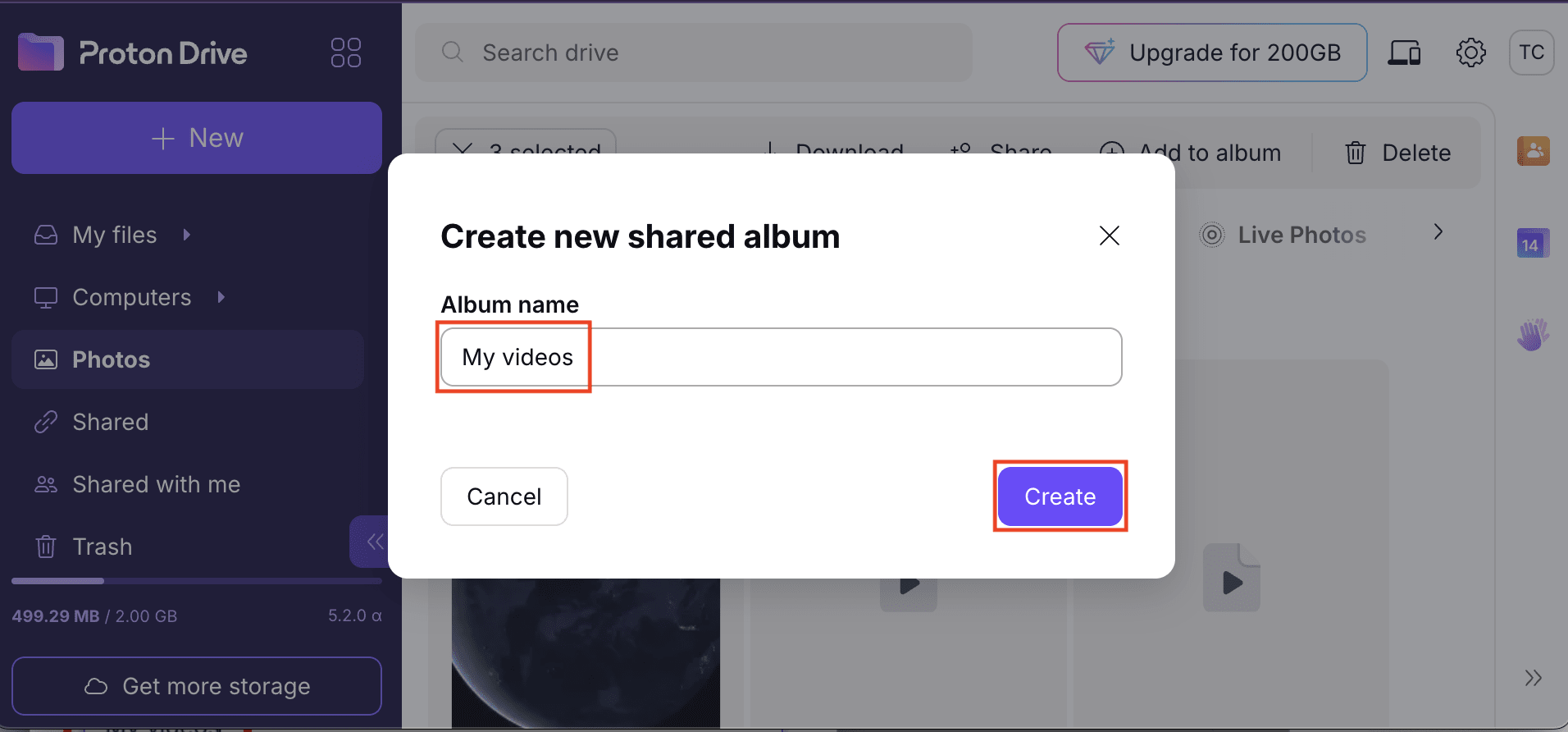 The Proton Drive web app shows how to set an album name