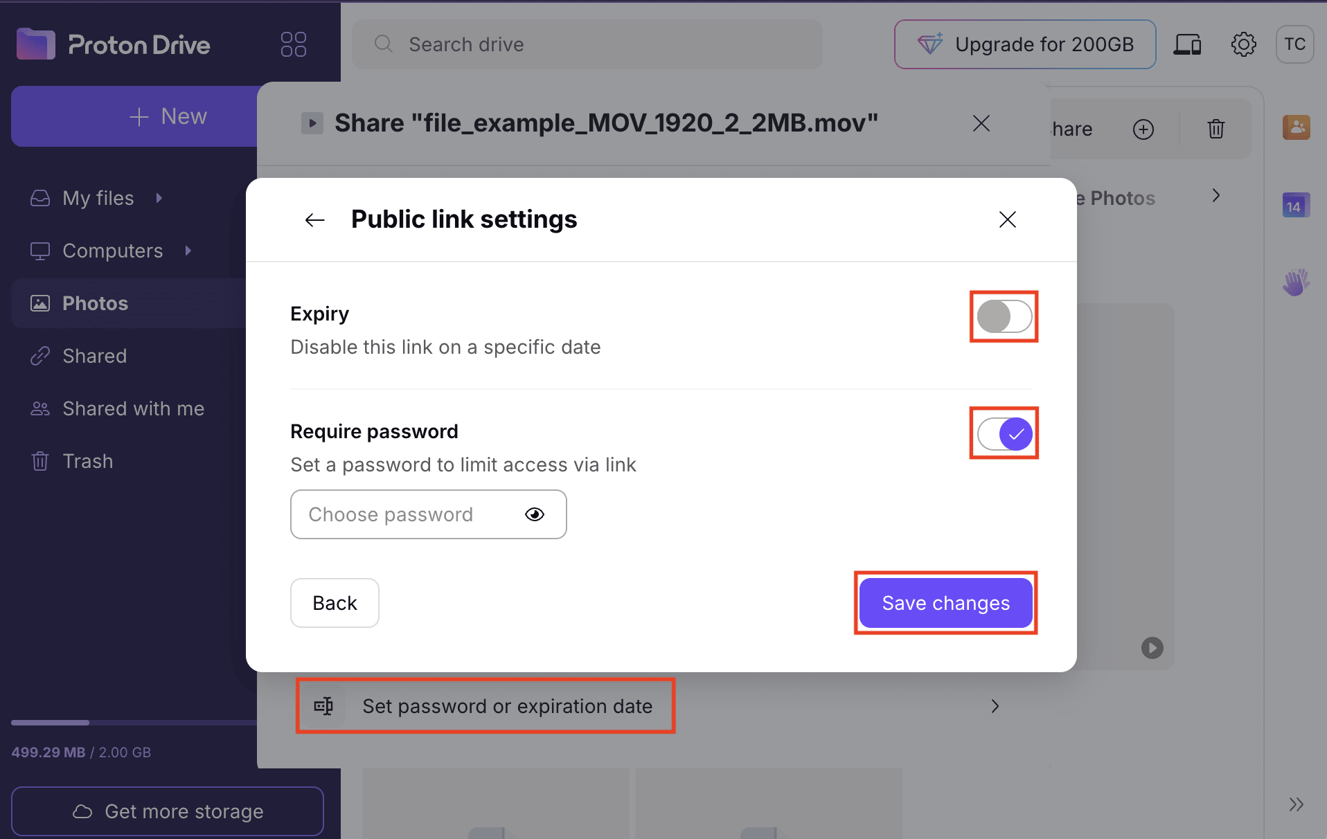 The Proton Drive web app shows security settings