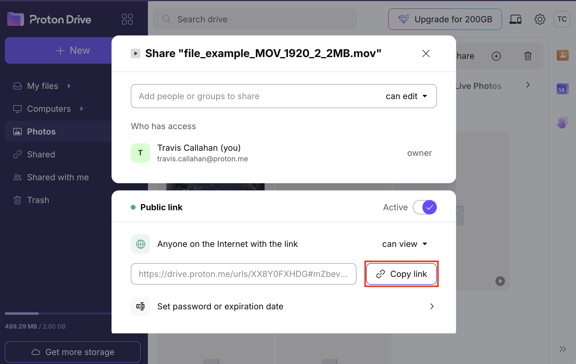 The Proton Drive web app shows how to copy a public link