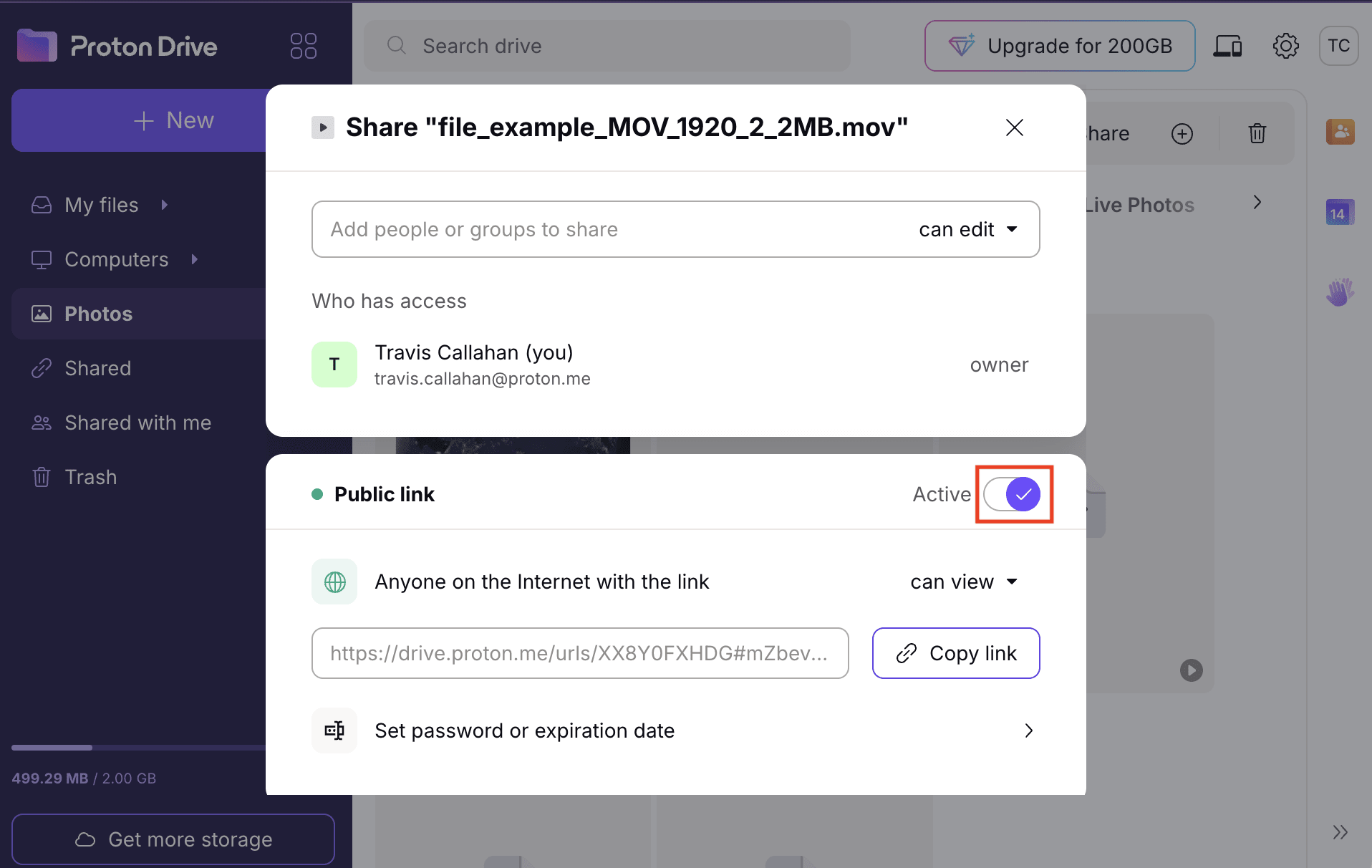 The Proton Drive web app shows how to create a public link