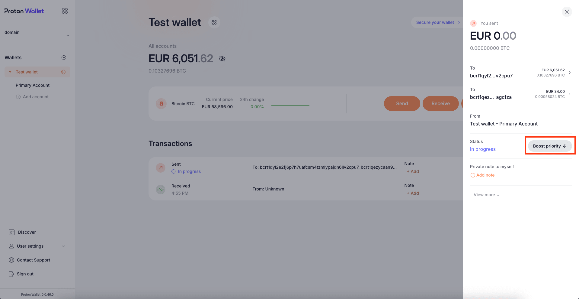 Transaction details sidebar with Boost priority button