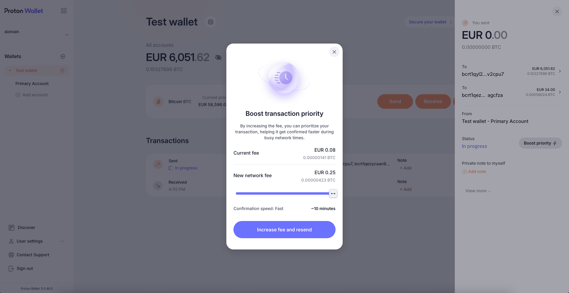 The Replace-by-Fee panel that lets you set a new fee
