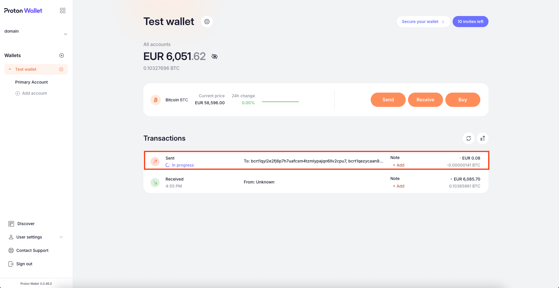 Proton Wallet's main screen showing a BTC transaction in progress