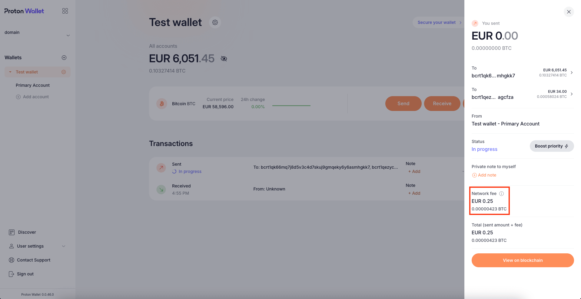 Transaction details sidebar with the new fee you set