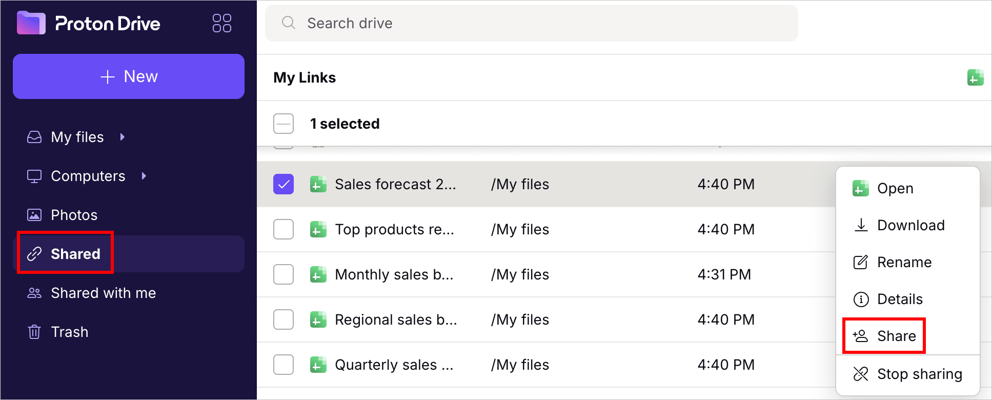 How to view all spreadsheets you've shared in Proton Sheets